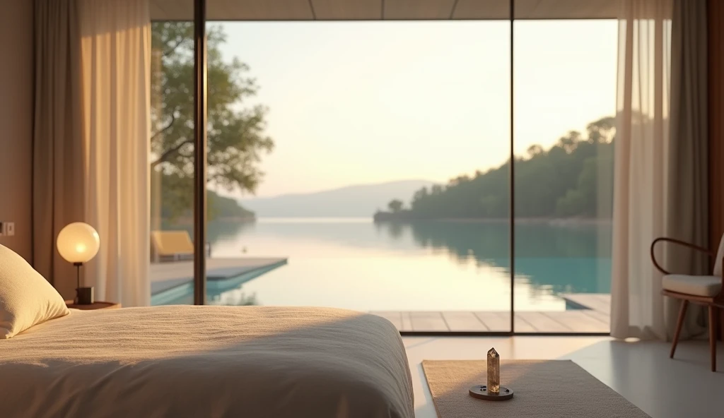 A bedroom in a modern, minimalist home, tons branco, view of a lake and infinity pool, on a table a quartz crystal, photography realistic, summer 