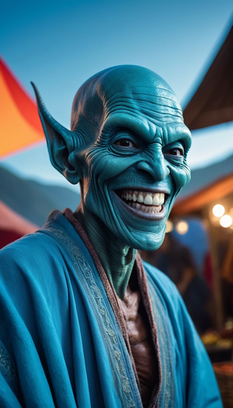 (dieselpunkai:1.1) (Space Western:1.5) (close shot, zoomed in upper body portrait:1.3) photo of a laughing, (perfect teeth:1.3) happy Bolivian (alienzkin:1.5) (alien:1.1) man, (perfect hands:1.5), wearing a ocean blue gauze robe.
leaning facing towards camera, in a (Grimdark style:1.5) metropolis with (produce stalls:0.5) and (street vendors:0.5) in the background. evening, misty. temperate landscape with (light blue sky:1.5) with (gas giant overhead:1.5)
cinematic lighting, vibrant colors, detailed skin texture, detailed cloth texture, beautiful detailed perfect face, intricate sharp details, ultra high res