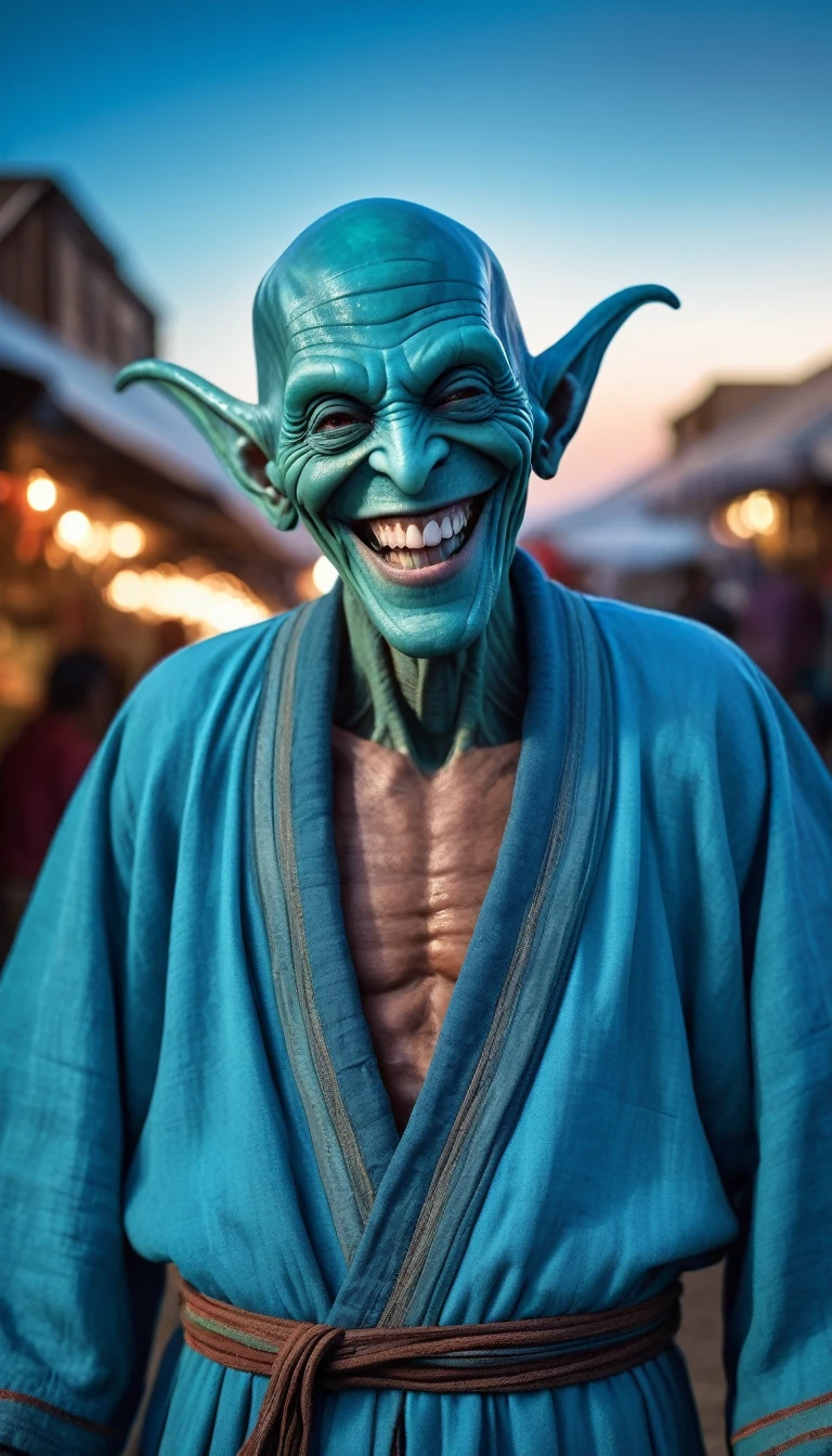 (dieselpunkai:1.1) (Space Western:1.5) (close shot, zoomed in upper body portrait:1.3) photo of a laughing, (perfect teeth:1.3) happy Bolivian (alienzkin:1.5) (alien:1.1) man, (perfect hands:1.5), wearing a ocean blue gauze robe.
leaning facing towards camera, in a (Grimdark style:1.5) metropolis with (produce stalls:0.5) and (street vendors:0.5) in the background. evening, misty. temperate landscape with (light blue sky:1.5) with (gas giant overhead:1.5)
cinematic lighting, vibrant colors, detailed skin texture, detailed cloth texture, beautiful detailed perfect face, intricate sharp details, ultra high res