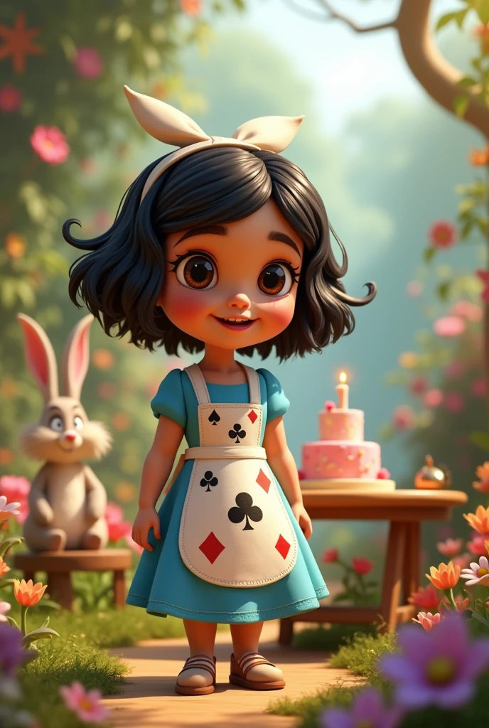 A 3D Pixar-style animated image of a Brazilian girl named Maria Alice with short, wavy black hair. dark eyes. Maria Alice is dressed as Alice from Wonderland. She is wearing a light blue dress with a white apron, adorned with card suit symbols (hearts, diamonds, clubs and spades). Maria Alice is in a magical garden where everything is possible and imagination has no limits. The background is inspired by Alice in Wonderland. The text says "Maria Alice". on the front there is a table with a cake with a 1st birthday candle and around the table a rabbit from Alice in Wonderland. The background is a magical garden with various animals and plants to make a birthday invitation.