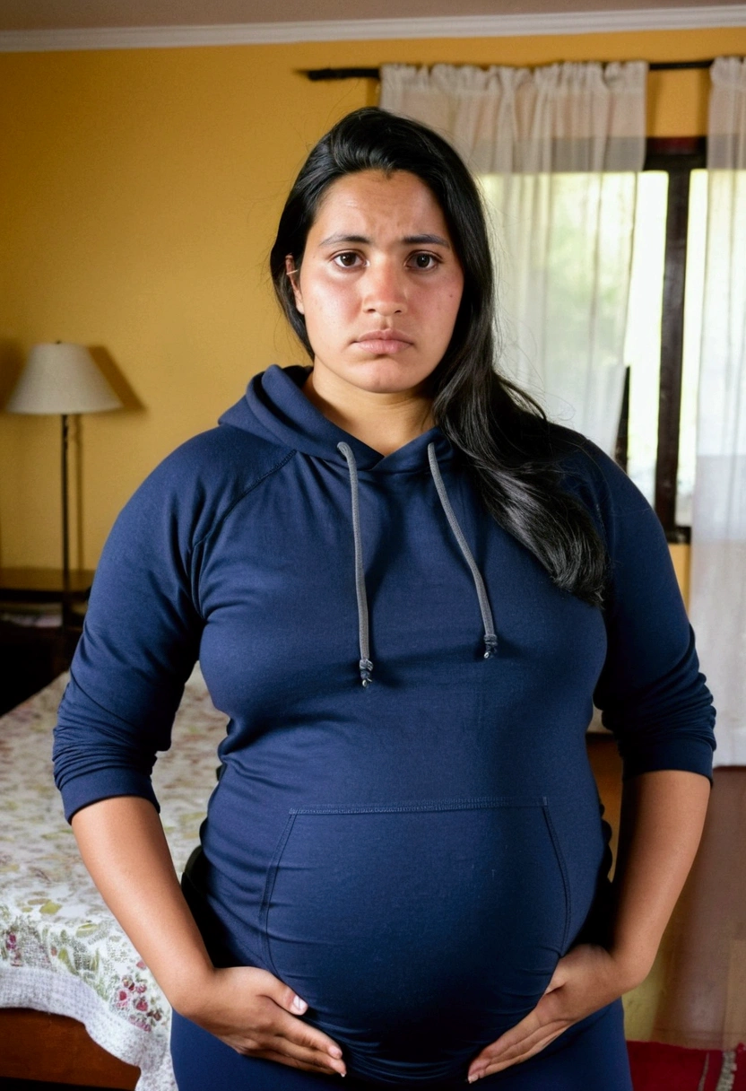 arafed woman who is pregnant, this person does not exist, 30 years old guatemalen woman, ugly face, large bulbous nose, flat face, double chin, short round body shape, chubby, poor facial features, tan skin, straight black hair, thick eyebrows, short chubby arms and legs, she is standing in her living room, wearing grey yoga pants and black sandals with a navy blue pullover hoodie, no makeup, tired expressions, entire body visible, skin and pores