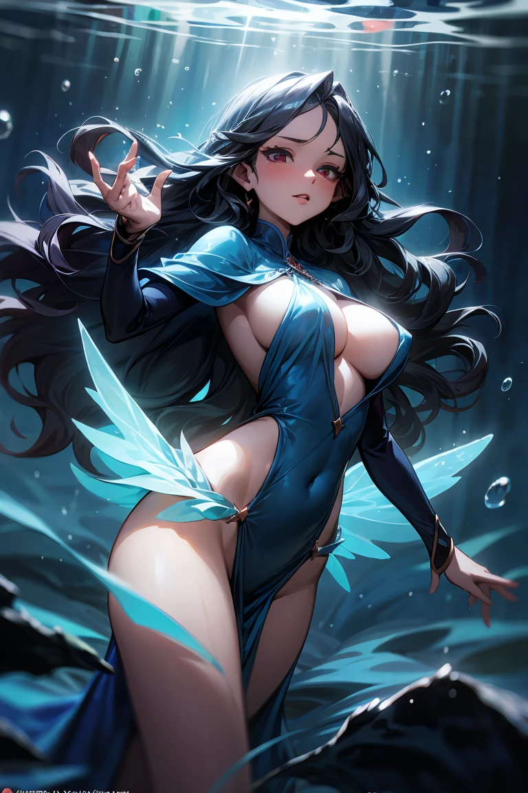 dnd woman, dark blue long and wavy hair, fairy of water, corals motive, magic atmosfer, corals in the background, magic water, big blue and shining wings, big boobs no dress