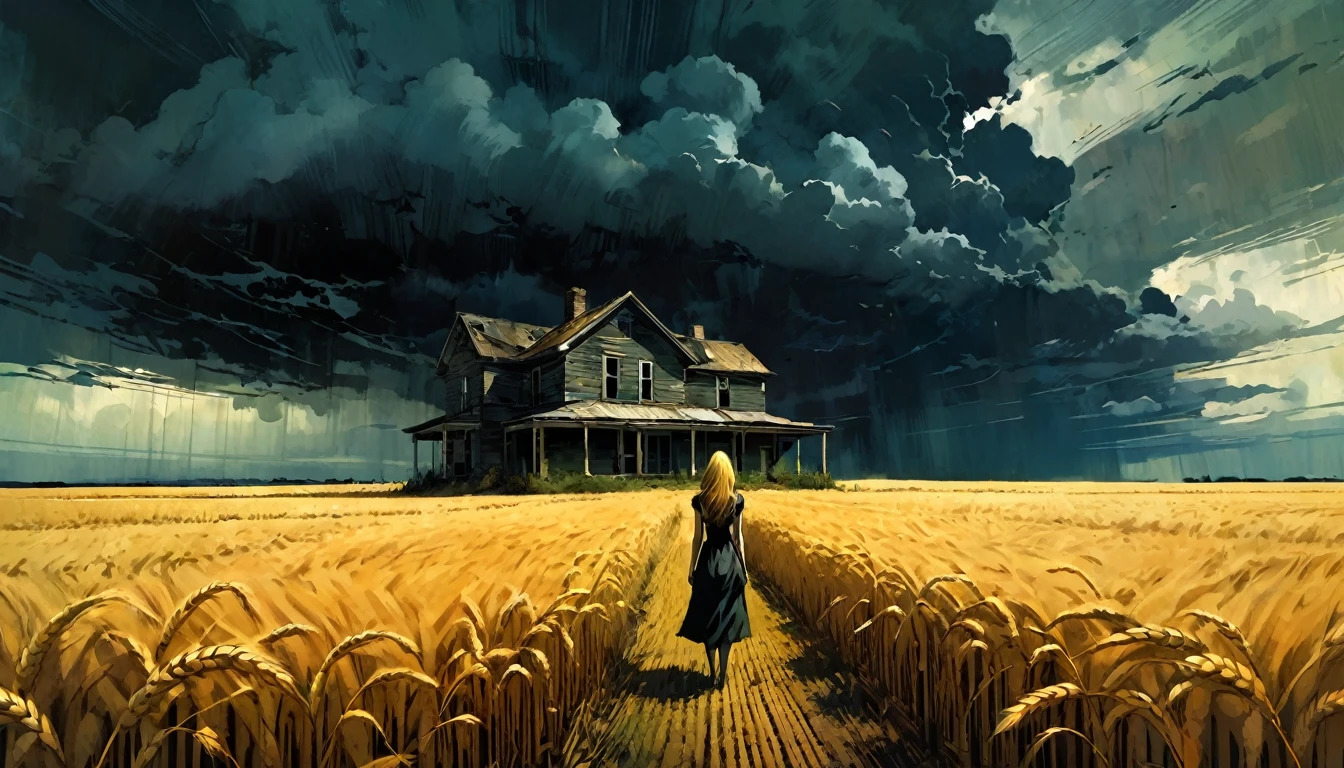 a wheat field, dark clouds, an abandoned house, a sexy woman standing in the middle of the scene in the distance,a art inspired by Bill Sienkiewicz and Dave McKean
