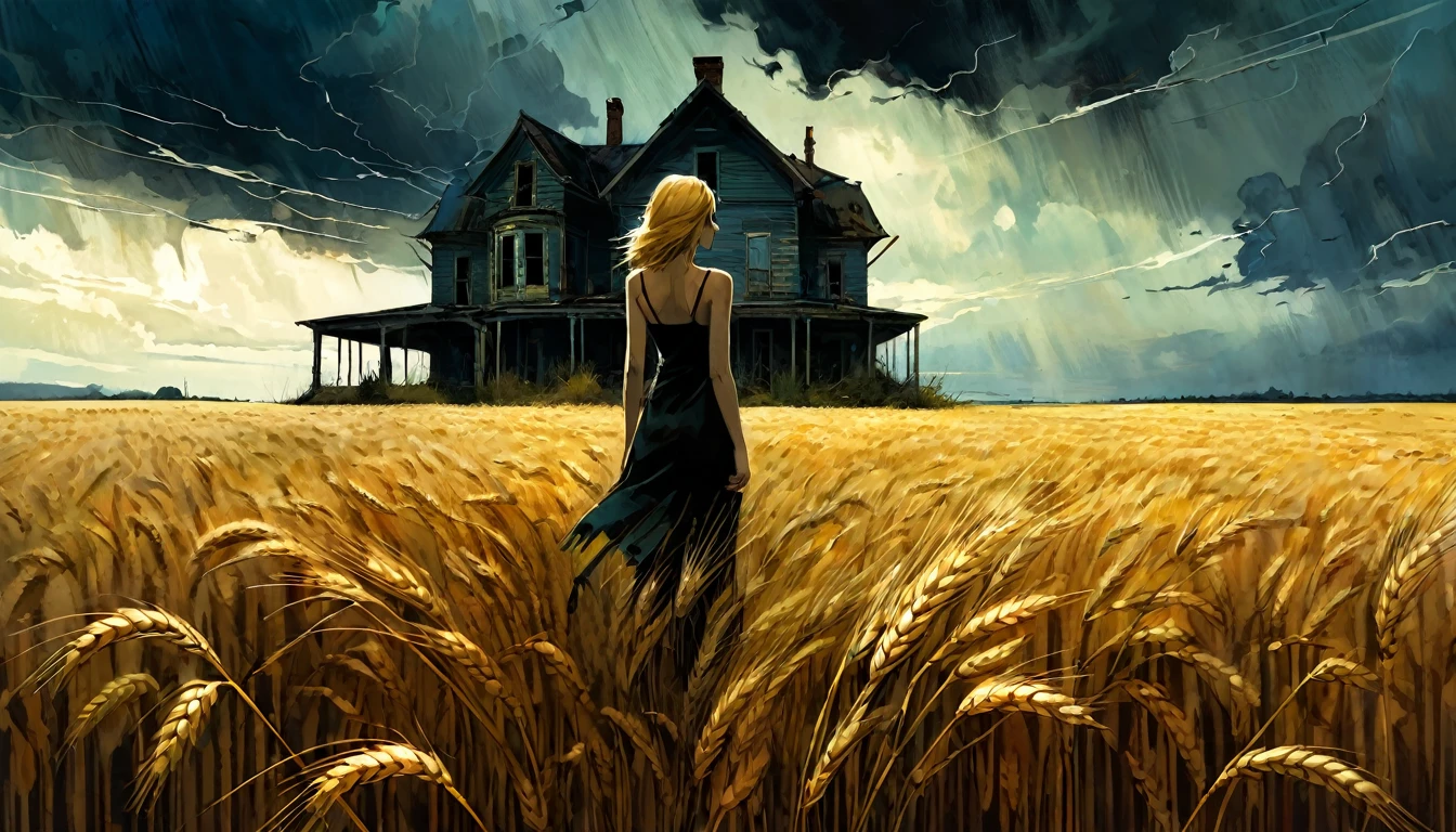 a wheat field, dark clouds, an abandoned house, a sexy woman standing in the middle of the scene in the distance,a art inspired by Bill Sienkiewicz and Dave McKean