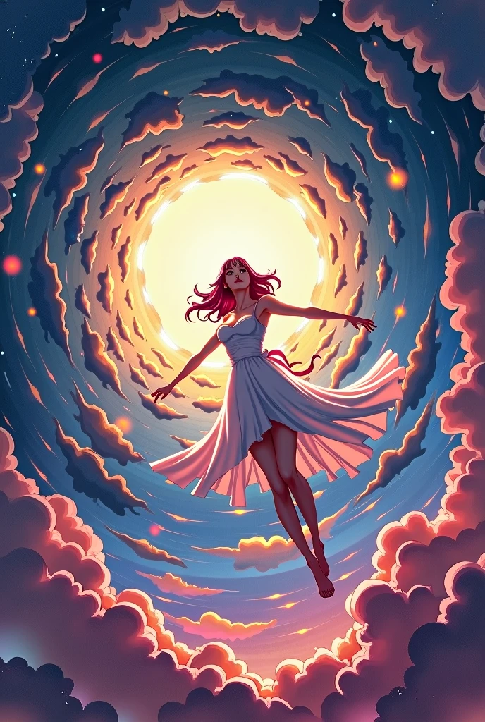 anime style time hole, and a woman falling in the middle, It looks like it's falling at the speed of sound