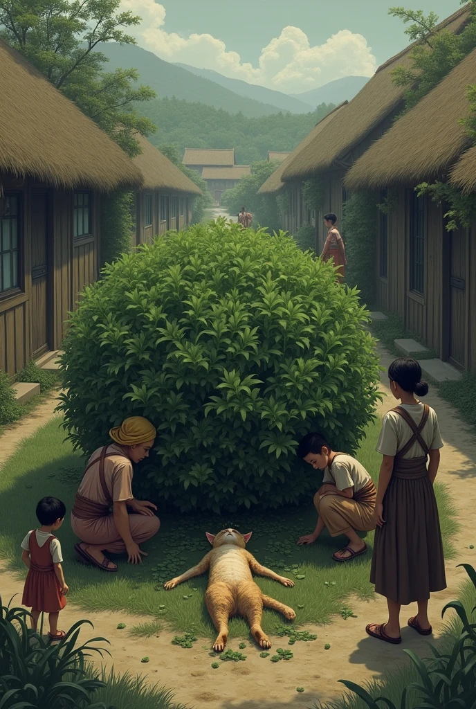 Villagers discovering cat still form beneath the bush with sadness.