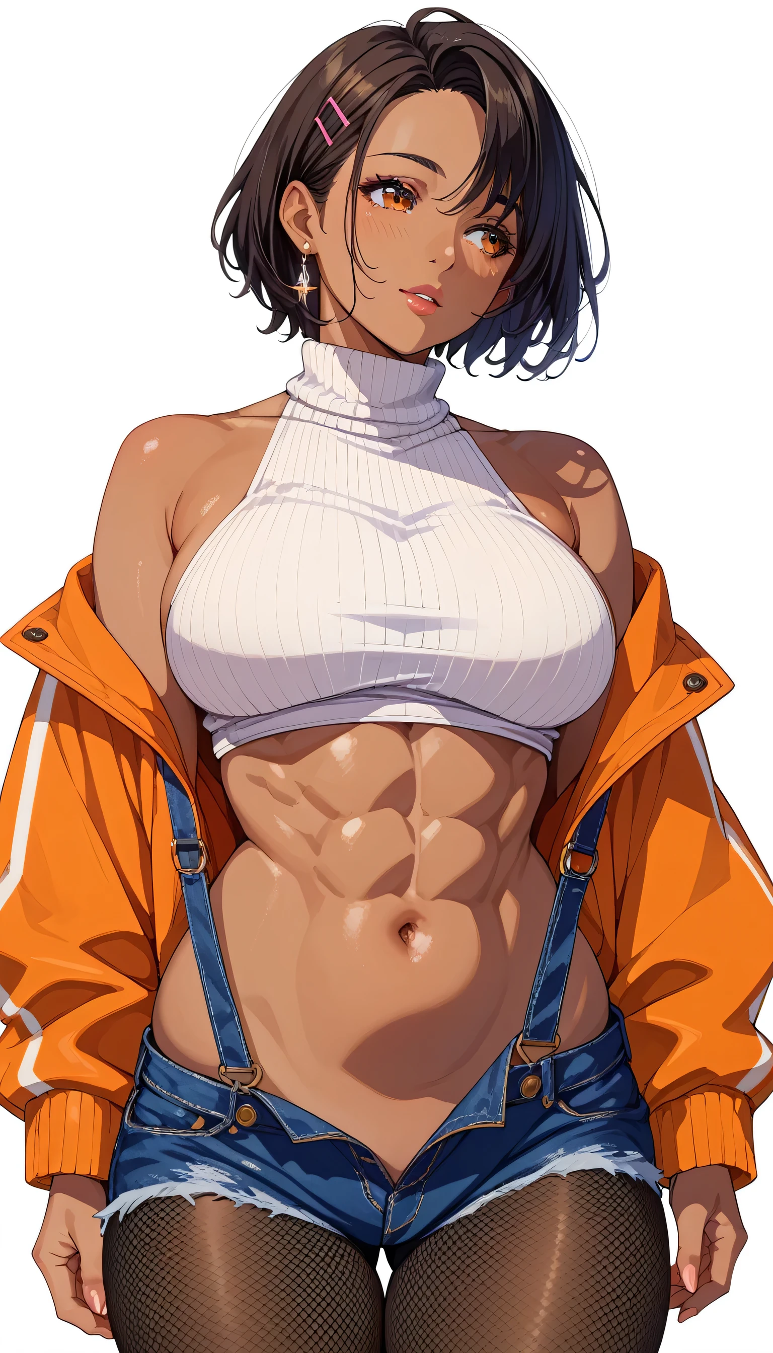 absurdres, High resolution, Super detailed, (mature woman1名:1.2), (dark brown skin:1.4), abs,woman, Dynamism,forward leaning posture、intricate details,well-developed abs、(black hair)、she looks away, Loose-fitting clothing、(White background:1.5)Pure white room、Blurred Background、An outfit that reveals the navel、Short Hair、Pure white clothes、Plump body、、No sleeve、Turtleneck Costume、Overalls、Fishnet tights、Jacket、Pure white outfit、squat