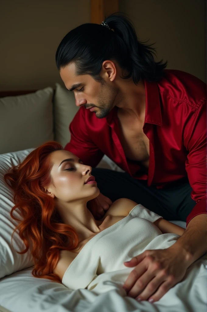 Real photo This scene takes place in a bedroom. 

A 2 woman lies in bed half asleep because she unwittingly took sleeping pills. Her hair is long and wavy red.. 

A man : he is 2 his hair is long black and in a ponytail he is dressed in a red silk shirt and black pants he is muscular.  He leans over her, stroking her hair. . On his face you could see his protective and gentle side. 