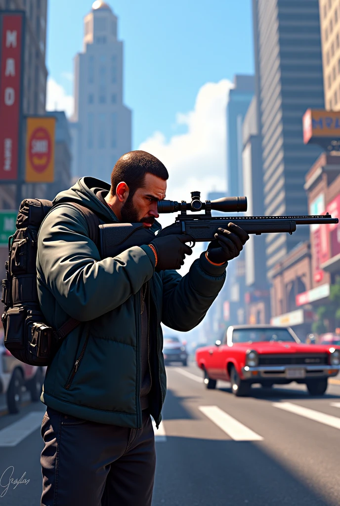 A Hitman assassin the prime minister in GTA 5
.make it like cartoon just like in GTA V
.make it with a sniper rifles in his hands