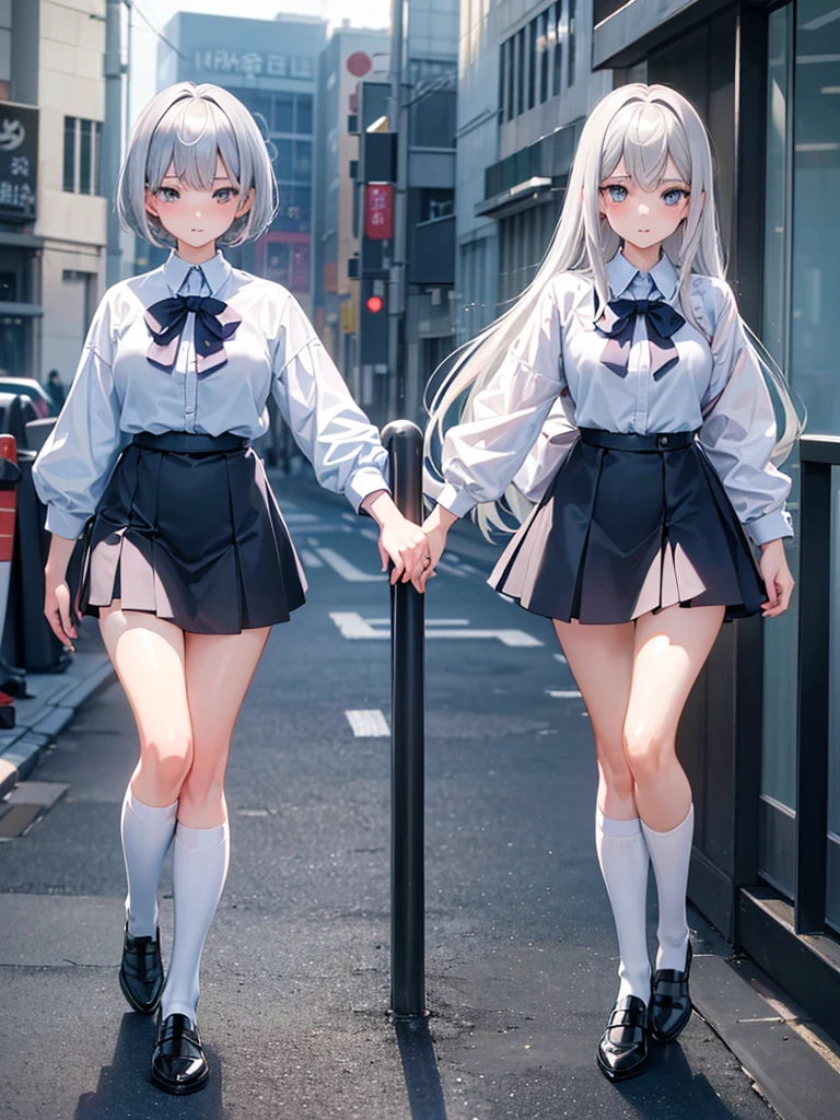 ((perfect anatomy:1.3,masterpiece、highest quality、Ultra - High resolution、High resolution、Highly detailed)), woman manga Japan anime Pastel tones Silver Hair Shortcuts Cute 2B Seventeen idol cute Near future Bright and natural atmosphere A little quirky Transparency high school girl uniform goddess (1people)