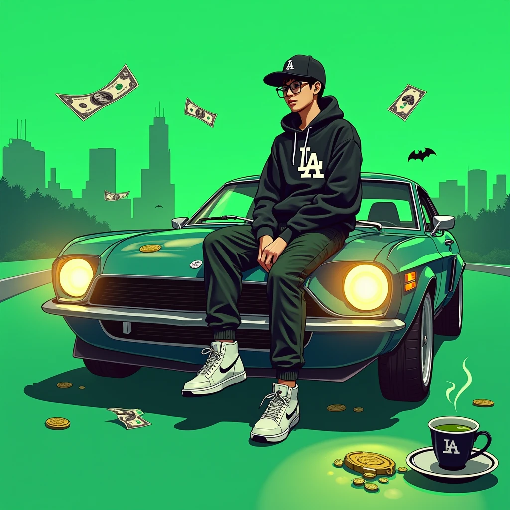Image of a man sitting on the bonnet of a car, Yoshihiko Wada's album cover, winner of the behance contest, Doodle, official artwork, rap album cover, hip - hop album art cover, colored album art, hip hop music album cover, rap album cover art, official fanart, GTA Cover, hip hop album cover, album art cover, Cartoon character, oriental boy, Running car, Green background, green tea, Deep pressed black LA ball cap, white nike shoes, Black LA Hoodie, Baggy jeans worn down, black neighborhood, Skull, drug, The city seen from behind, korean, white smoke, Headlight light, Troublemakers, Bad boy, Flying money, flying airplane, Flying Joker, Flying Batman