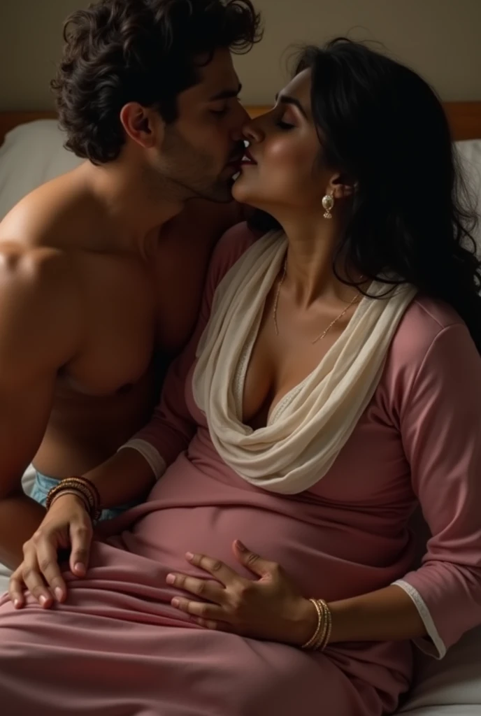 Photo of a Voluptuous Mature Indian Aunty, wearing tight Pink Kurti and White Stole tied around her neck, Wide U Cut cleavage, Showing huge cleavage, sitting on bed, turning her head and kissing a shirtless and slim Young Man touching aunty's Cleavage Sensually, the boy touches aunty's breasts, Dim light in the room.