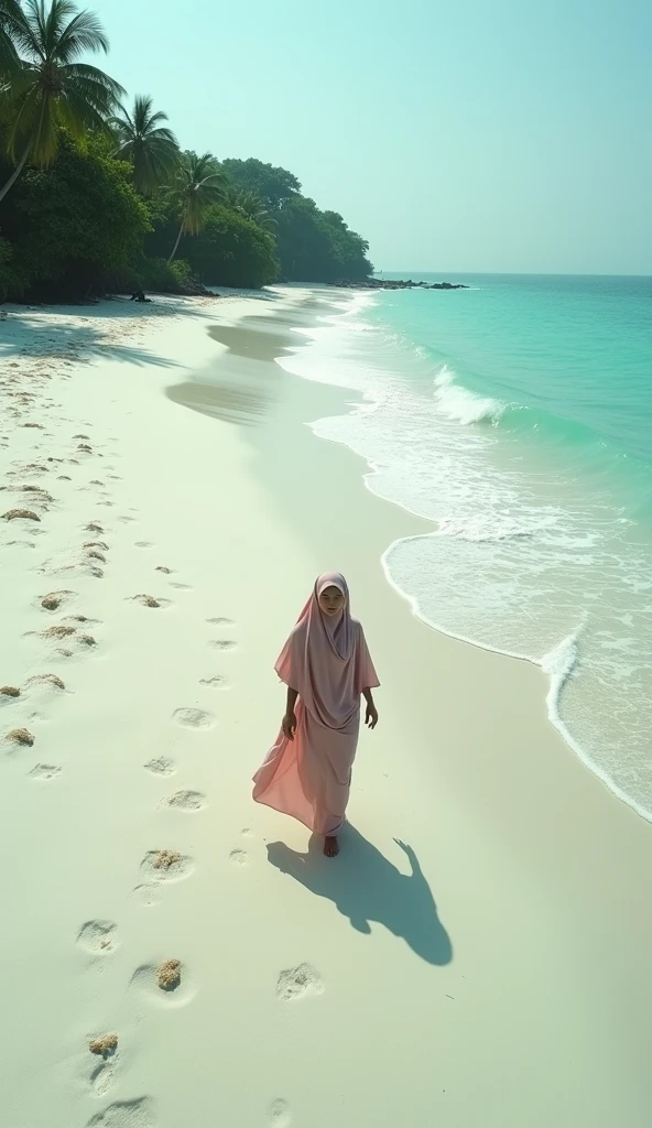 Overhead shot, taken from a drone, of an Indonesian woman in a hijab walking on a white sandy beach in the morning. The scene is peaceful and quiet, captured with a cinematic still quality. The image is highly realistic with intricate details, presented in ultra HD with 16k resolution.