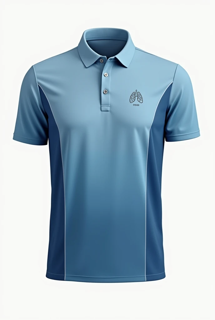 Create a mockup organization color gradient blue polo shirt and design it with a small heart in the middle of the chest a little bit higher. And the back of the shirt should be design of lungs. The design should be just drawn in minimalist and ink color of design should be dark color of blue. And the both side of shirt should be blue gradient color. show the front and back of shirt 