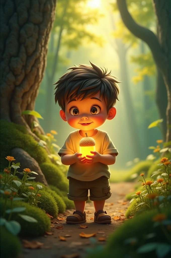 Sammy holding the golden acorn as it starts to emit a soft, magical glow, lighting up the path around him