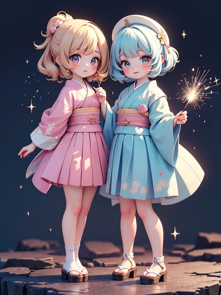 ((petite cute 2girls)), ((cute face)), ((puffy eyes)), ((masterpiece)), ((best quality)), ((ultra detailed)), ((exquisite)), ((depth)), ((crisp)), ((16k)), ((beautiful and aesthetic)), ((super detailed skin)), ((high standard)), ((highres)), (perfect anatomy), (blush), (lipstick), (full body), (nostalgic scenery), (cove, night), (emotional), (japanese sparklers)
