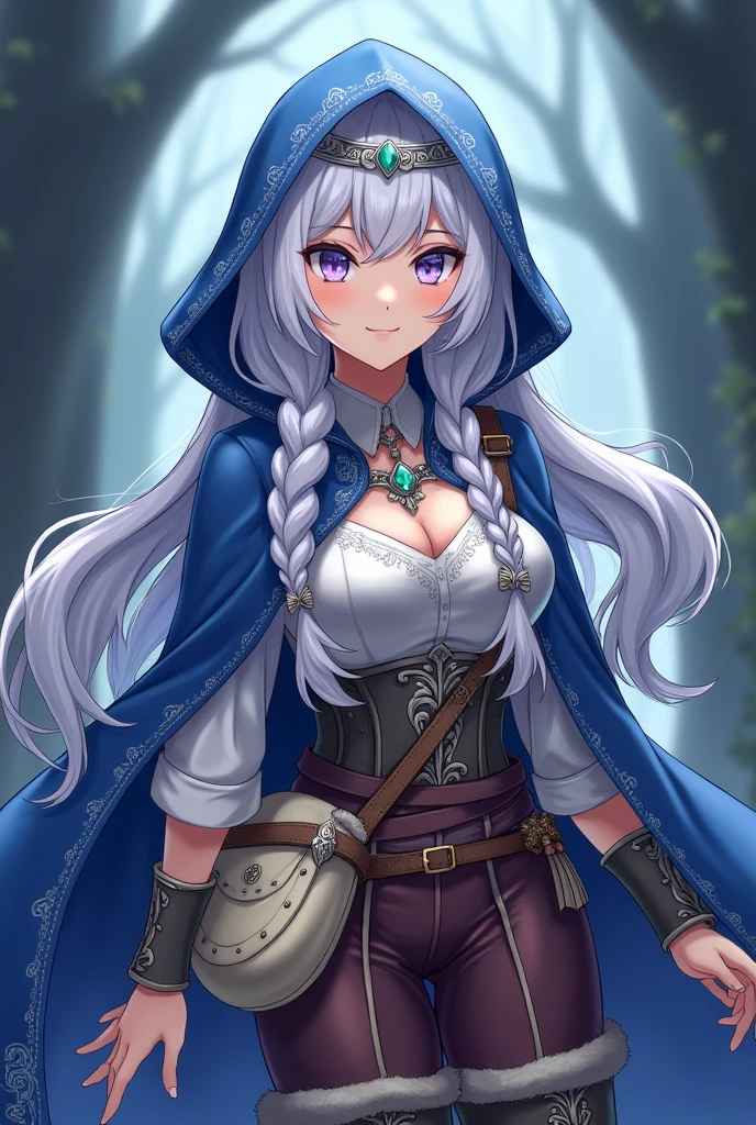 Lavender eyes. Magician Woman, with long braided white hair. Blue hooded cape decorated with silver embroidery. White blouse, silver breastplate and brown trousers as well as fur-trimmed boots. Silver collar with emerald and silver headband with emerald Brown belt with cream colored bag Anime style