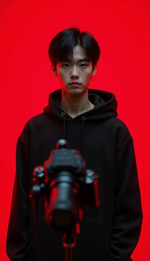 20 year old Japanese male teenager with black hair and wearing a black hoodie in front of the camera and microphone ,HD,4k,realistic,afternoon,Full Body Angle, Red background, face looking at the camera with a flat expression and a cold gaze