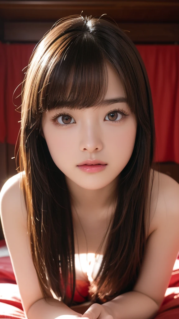 masterpiece, Highest quality, Very detailed, Facing the camera, 複雑に詳細なSuper detailed, Realistic, Sharp features, Very detailed, Sharp focus, Perfect Face, Perfect Face, Perfect symmetrical perfect eyes, Perfect Plump Lips, Young face、Middle school students、Small、Flexible female form, Cinematic, Film Light, Super detailed, hyper Realistic, masterpiece, Atmospheric, High resolution, Vibrant, Dynamic Studio Lighting, ((Face when kissing)), Straight bangs, Reddish brown eyes、((All Nude)),Cowboy Shot, Almost flat small breasts,Japanese-style room,On all fours、