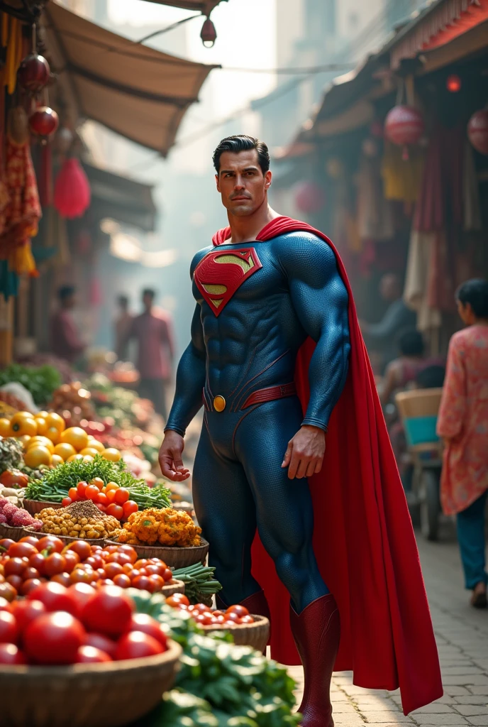 Super man in indian market  buy vegetables 

