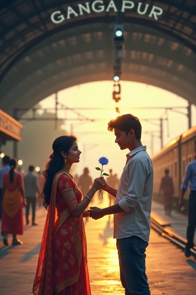 A boy proposed a Bengali girl at railway station the railway station name of Gangapur Gangapur is written by Hindi and English both Aditya proposed a girl with blue flower