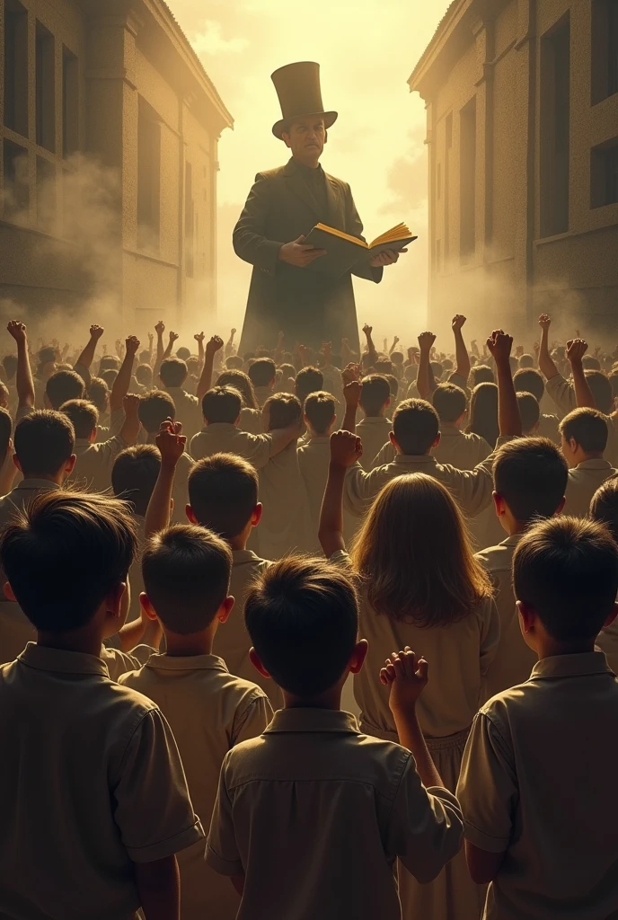 Depict the changes in the Political landscape of the Philippines during Rizal's Time in the 19th Century with his works Noli me Tangere and El Filibusterismo being read by children but opposed by the Catholic Church
Show angry Catholic priests punishing the children for reading Noli Me Tangere and El Filibusterismo
Show Jose Rizal's silhouette from a distance, wearing his iconic three-piece suit, a top hat, as a symbol of the dawn of a new age brought by his writing
show the children raising their fists and the priests frightened by the children