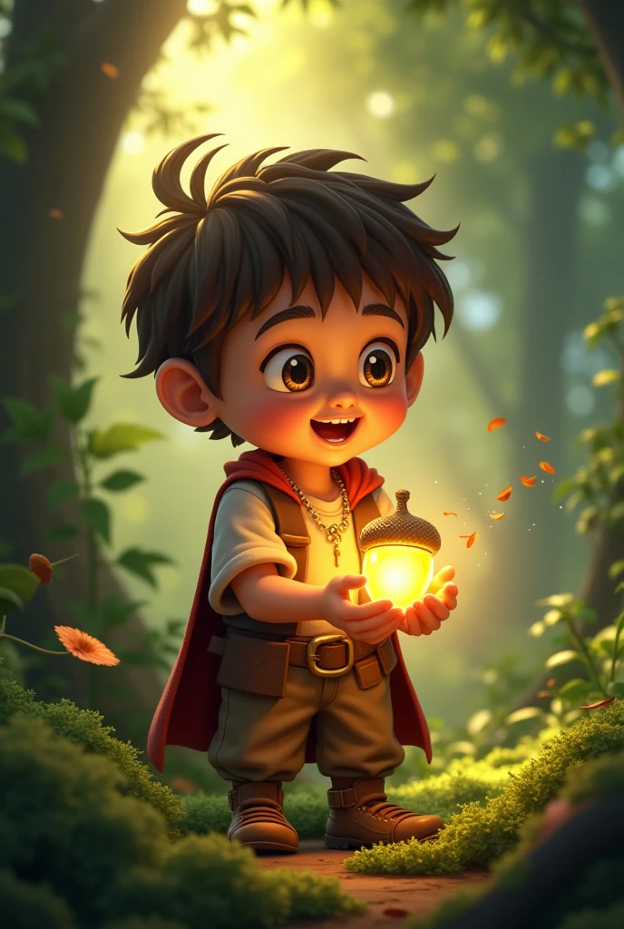 Sammy holding the golden acorn as it starts to emit a soft, magical glow, lighting up the path around him