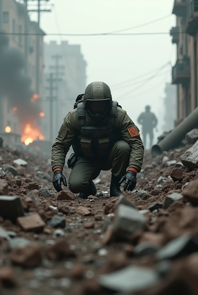 Medium shot of croucher soldier in debris. Make it wide and more debris. Front view and let there be pile of debris in front of him so that only his upper body shown. Let us include distant explosions and smokes besides him