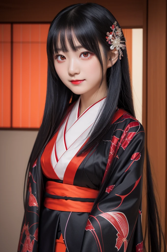 A masterpiece of the highest quality, AkagiV5, 1 girl, One, black hair, japanese clothing, kimono, long hair, I look at the viewer, ((Red eyes)), smile, sparkling eyes, hands on your own face, Spider lily, sakuramon, ((blood swirl)), (yandere:1.4), (sparkling eyes:1.4), Crazy eyes,