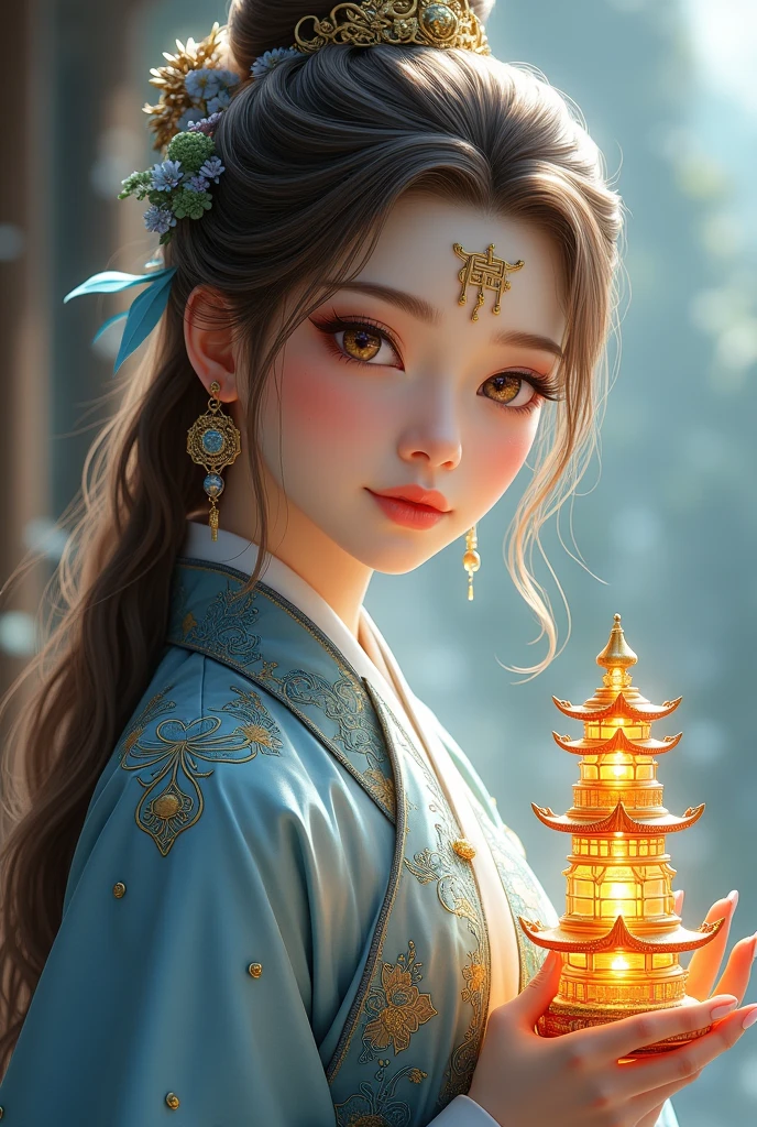 Most beautiful  xianxia female protagonist,light brown dominant and silver strand long hair ,golden amber eyes,use majestic garmen with blue fillamen,silver pattern clothes,face detailed,lips detailed,thin red lips,golden rune scratch at fore head, and held 9 floor glasses pagoda ,nine colour glasir pagoda,9 floor detailed,forehead detailed,better quality, masterpiece,24K ultra hd,super beautiful detail,goddess featuring