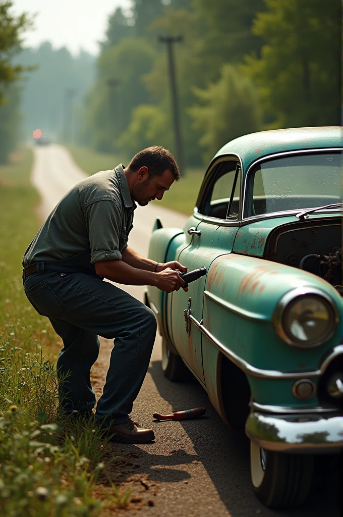 A mechanic repairing an old Cadillac on the side of the road