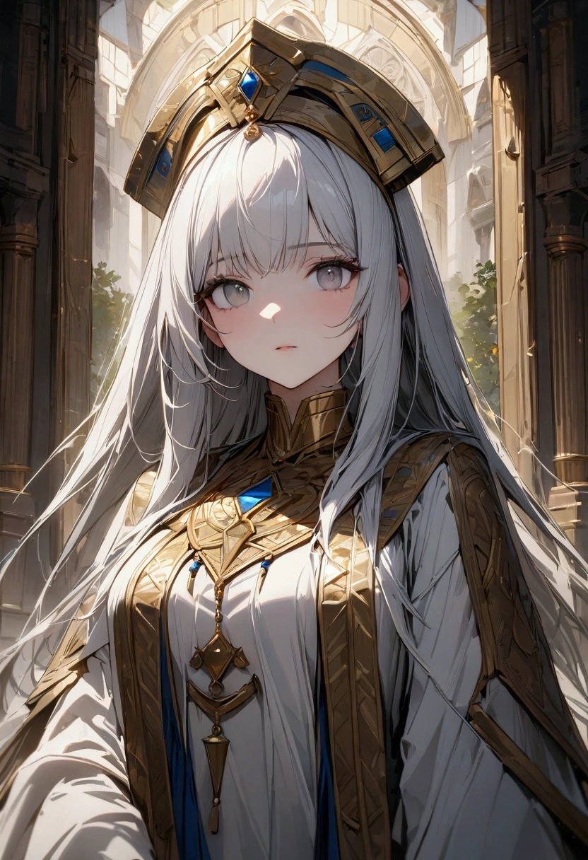 Long white hair, grey eyes, slim,,front view, 8k, best quality, high resolution. An ancient priestess, golden elements, Masterpiece, best quality, Full HD, 8k, ultra details, great graphic