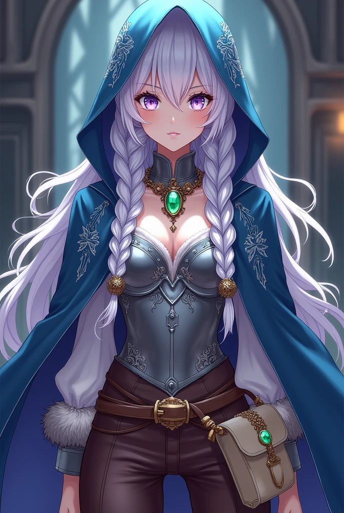 Lavender eyes. Magician Woman, with long braided white hair. Blue hooded cape decorated with silver embroidery. White blouse, silver breastplate and brown trousers as well as fur-trimmed boots. Silver collar with emerald and silver headband with emerald Brown belt with cream colored bag Manga style