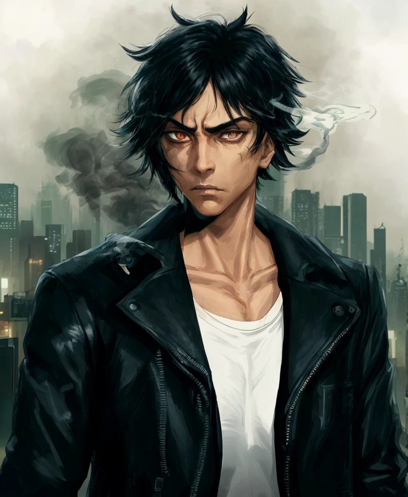 black hair, dark eyes, serious face, detective, black jacket, white t-shirt, smoke, cyberpunk city, hd, highres