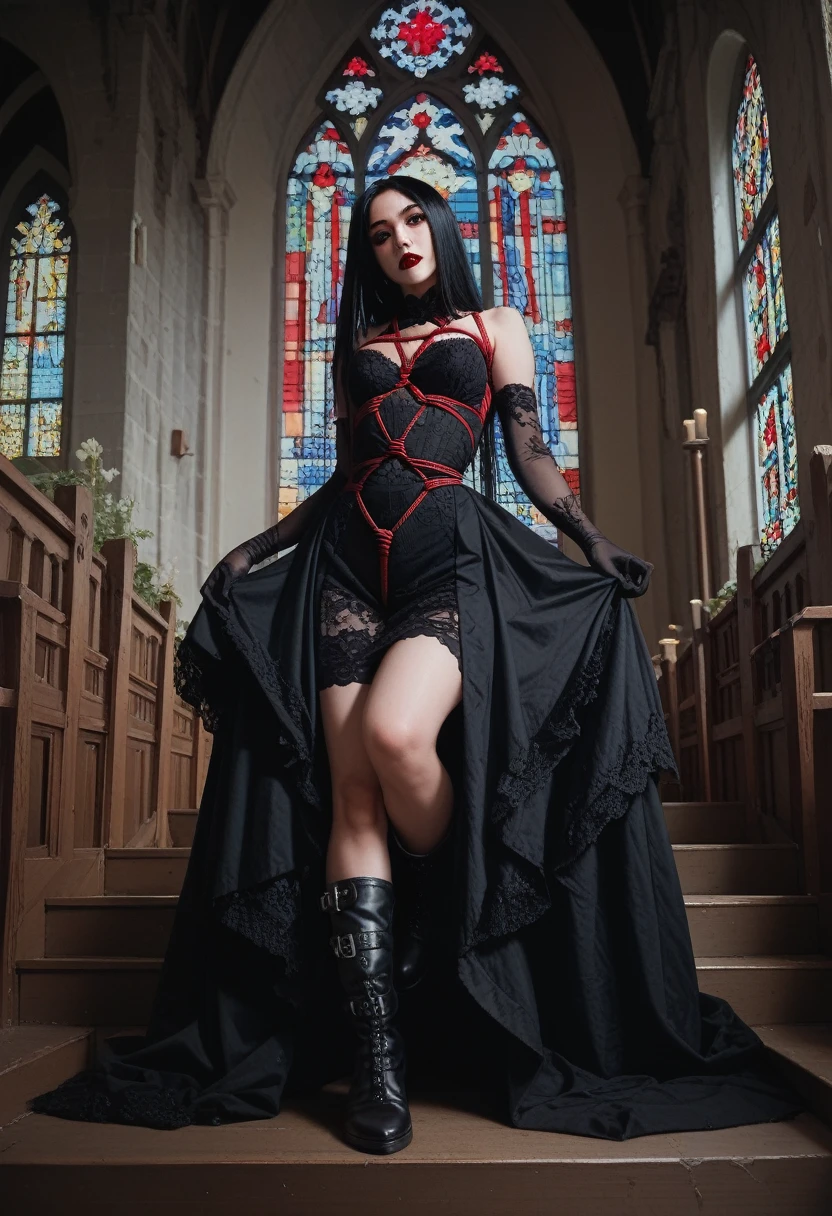 japanese girl, Gothic lace dress with beautiful embroidery, gothic make up, black straight hair,  red lip, Black lace long gloves and long boots。shibari:1.6, In a dilapidated old church。nsfw