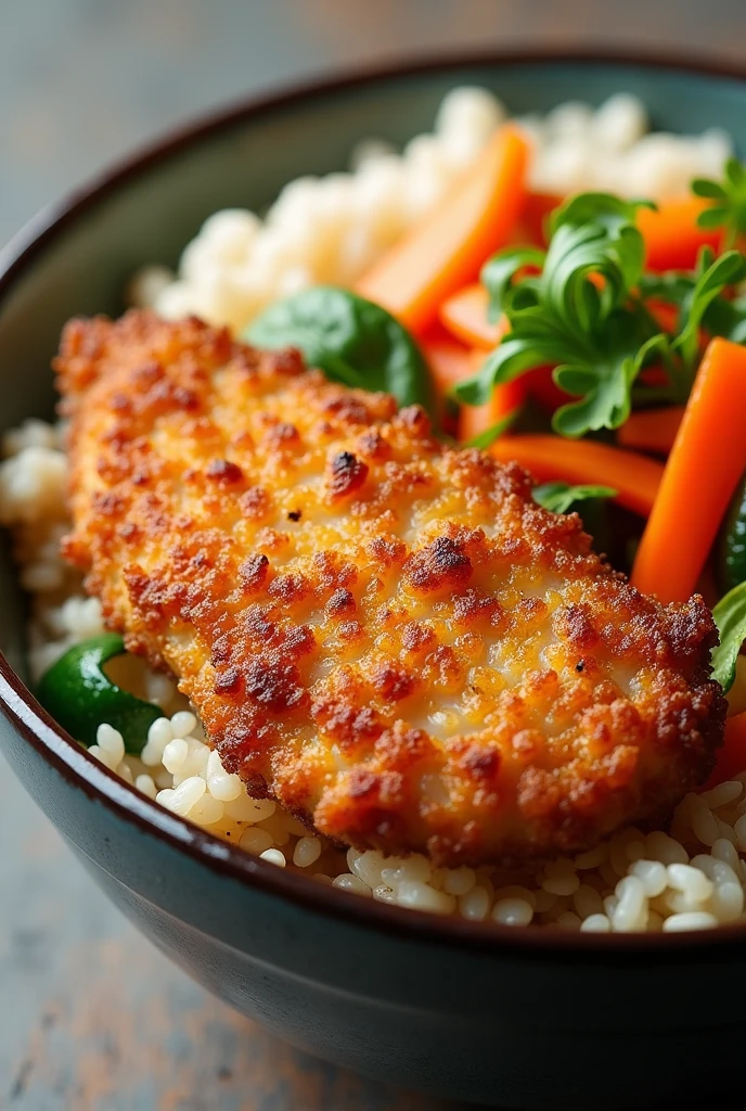 A bowl of korean style rice with mixed vegetables and 1 piece of fried chicken breast on top of rice.