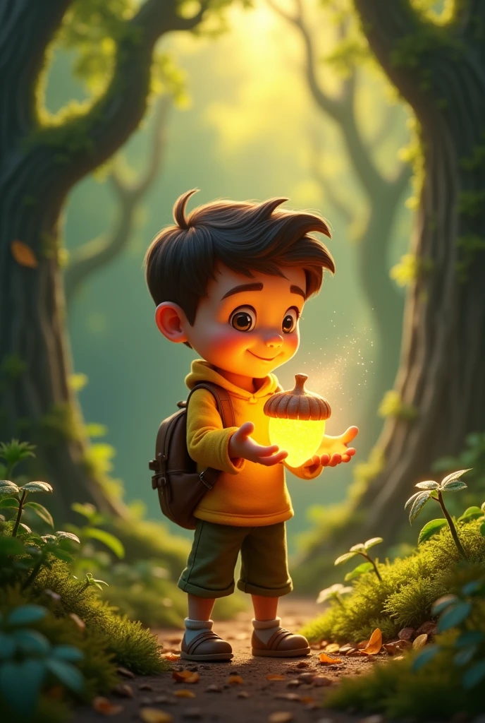 Sammy holding the golden acorn as it starts to emit a soft, magical glow, lighting up the path around him