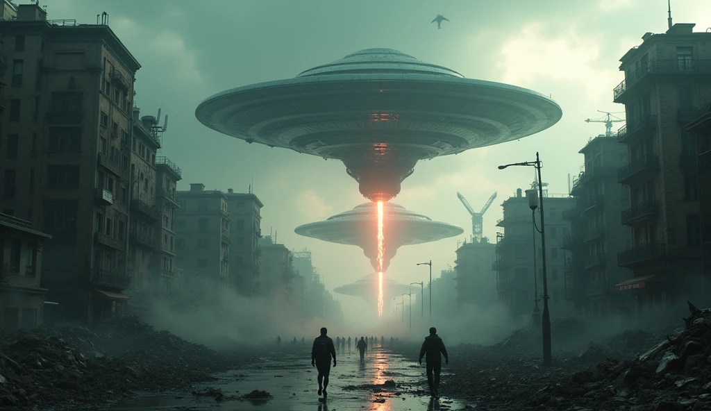 photorealistic, hyper detailed, 4k, high quality, hdr, studio lighting, extremely detailed, award winning, masterpiece, highly detailed, extremely intricate, cinematic lighting, dynamic lighting, cinematic atmosphere, dramatic lighting, dramatic composition, cinematic composition, dynamic composition, epic, grandiose, apocalyptic, catastrophic, alien invasion, aliens attacking, alien technology, alien spacecraft, alien city, alien ruins, alien landscape, dystopian, post-apocalyptic, desolate, destroyed city, decimated buildings, crumbling infrastructure, gritty, grunge, moody, dark, ominous, foreboding, ominous sky, ominous clouds, dramatic sky, dramatic clouds, dramatic lighting effects, volumetric lighting, mist, fog, dust, debris, chaos, destruction, mayhem, panic, fear, dread, awe, wonder