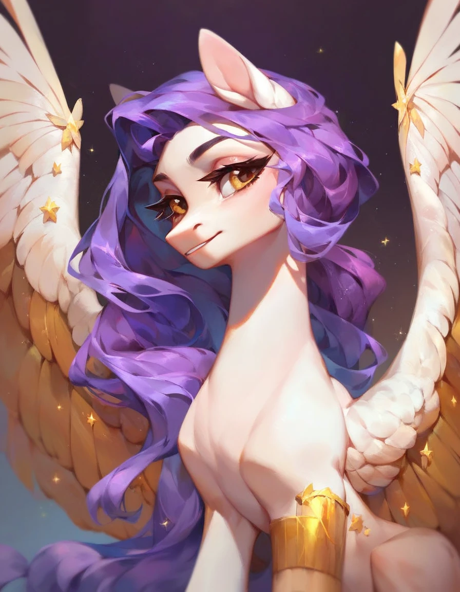 (work of art, Maximum quality, best qualityer, offcial art, beautiful and aesthetic:1.2), A pony with a long purple mane, long straight purple hair, Caucasian skin, gold eyes, pegasus wings.