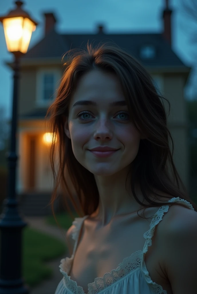 Cute eighteen year old, brunette, young, eye contact, nighttime, street lights, smiling, smile, young girl, thin legs, skinny, eighteen, sweet, closed mouth, mouth closed, slim, tiny body, 18, blonde, bright blue eyes, photo real, photorealistic, naked, nude, topless, haunted house, old house, Victorian house, spooky house, bedroom