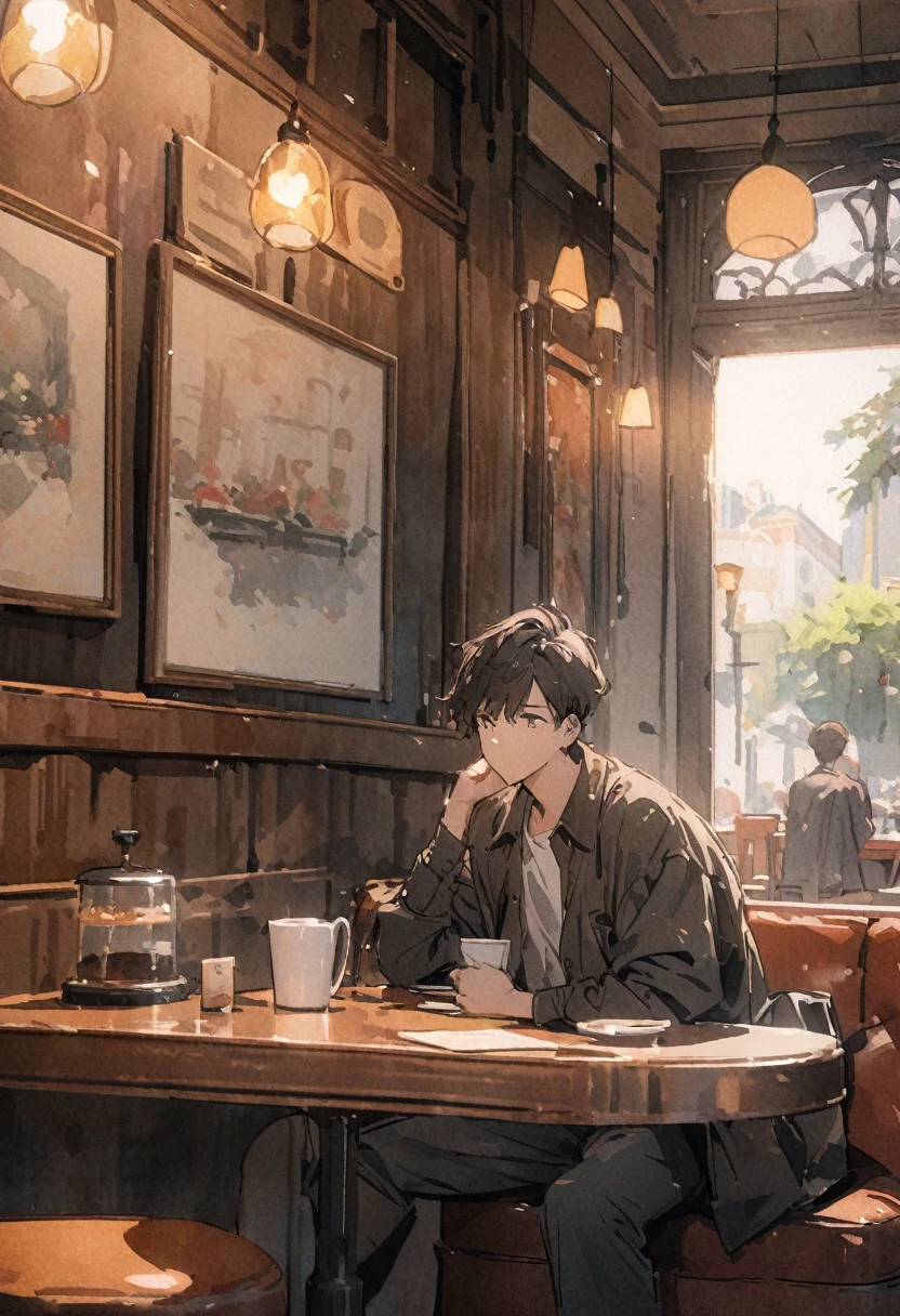 masterpiece,最high quality,Very detailed,High resolution backgrounds,8k,there is nothing,high quality,break,japanese manga style, sketch, Watercolor Colors,Cafe with a nice atmosphere,antique interior,Stylish interior,Boy sits,1 person,slowly,relax,coffee,