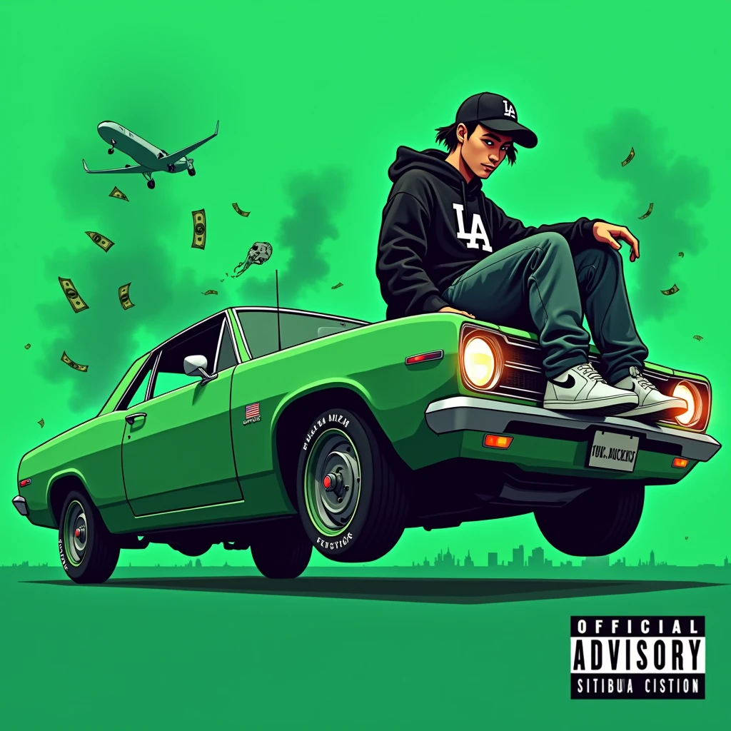 Image of a man sitting on the bonnet of a car, Yoshihiko Wada&#39;s album cover, winner of the behance contest, Doodle, official artwork, rap album cover, hip - hop album art cover, colored album art, hip hop music album cover, rap album cover art, official fanart, GTA Cover, hip hop album cover, album art cover, Cartoon character, oriental boy, Running car, Green background, green tea, Deep pressed black LA ball cap, white nike shoes, Black LA Hoodie, Baggy jeans worn down, black neighborhood, Skull, drug, The city seen from behind, korean, white smoke, Headlight light, Troublemakers, Bad boy, Flying money, crashing plane, Cigarette smoke