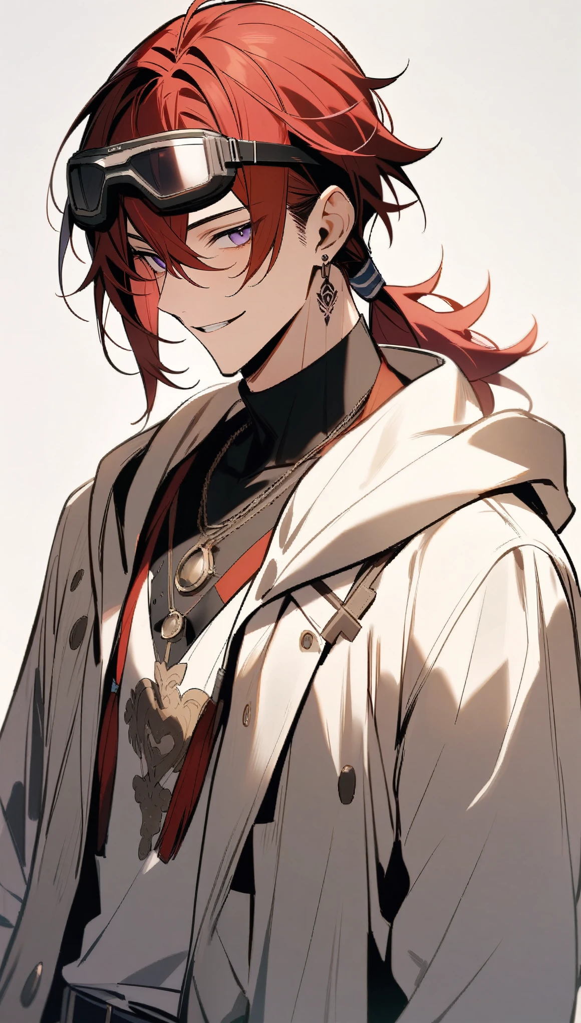 {{masterpiece}}, The best quality of life,((White background)) 、good looking, alone, 1 male, Red Hair、Medium Hair, Low Ponytail、Purple eyes, White hoodie、Yellow hood、Carrying goggles on top of your head、Cowboy Shot、tattoo、Earrings、smile、Watching Me