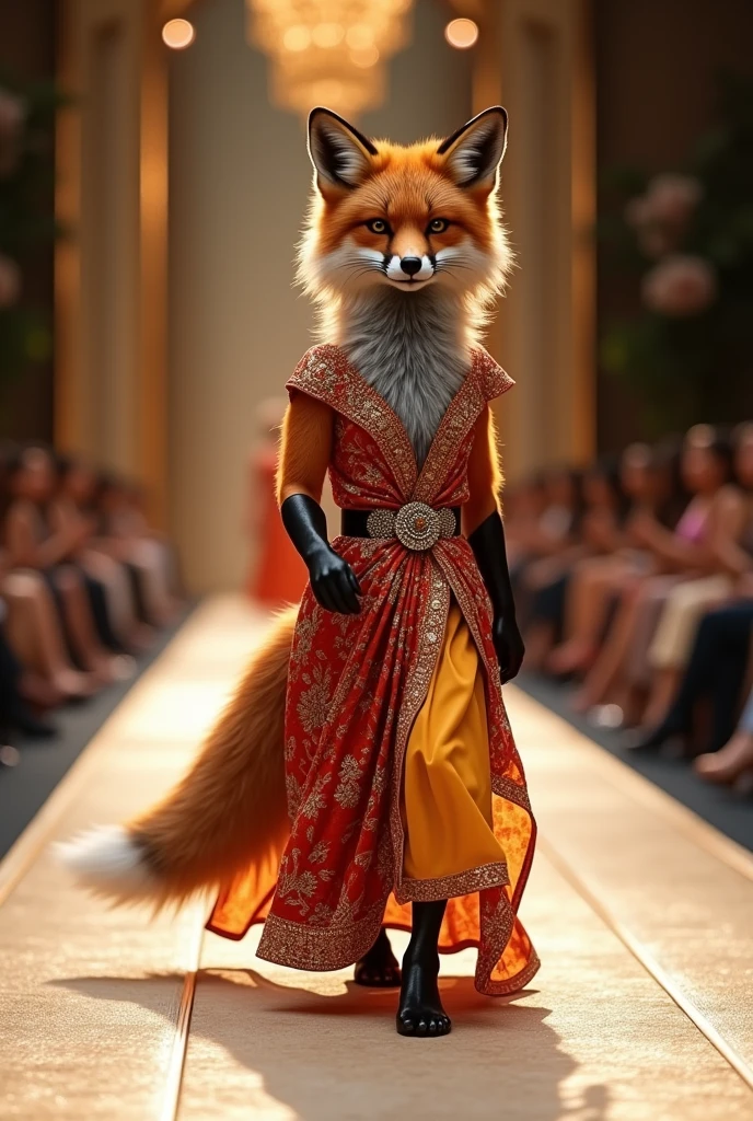 A beautiful fox wearing indian sharara cloth walking down the runaway at a fashion show