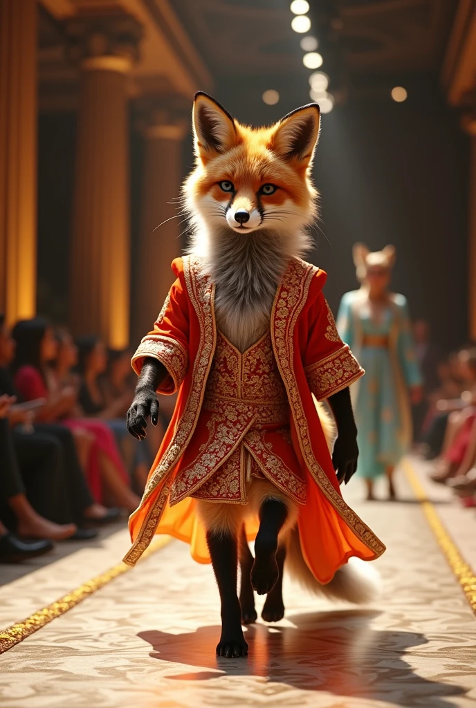 A beautiful fox wearing indian sharara cloth walking down the runaway at a fashion show