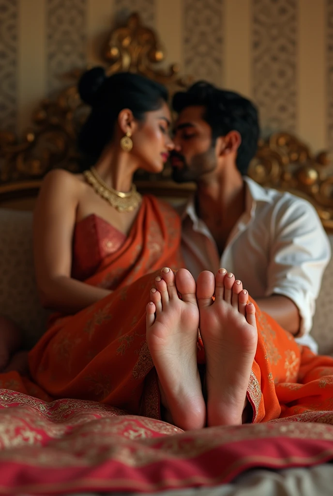 Guy kissing a fair beatiful feet arched sole of a girl wearing saree on bef

