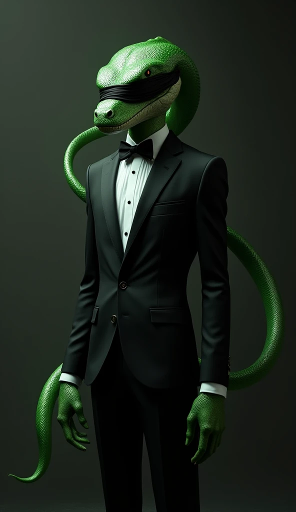 A green snake with arms and legs and a human body in a black suit with a blindfold on the right eye