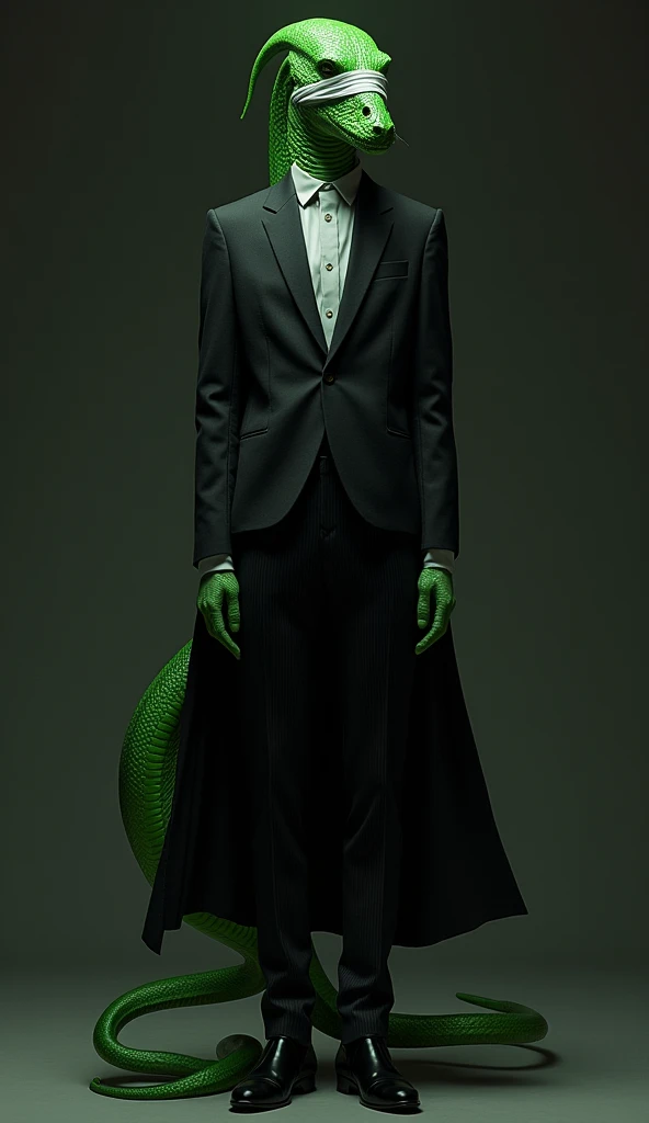 A green snake with arms and legs and a human body in a black suit with a blindfold on the right eye