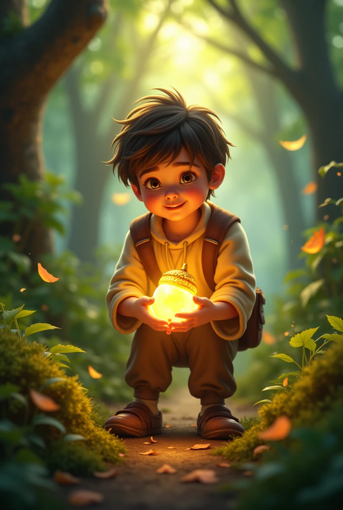 Sammy holding the golden acorn as it starts to emit a soft, magical glow, lighting up the path around him