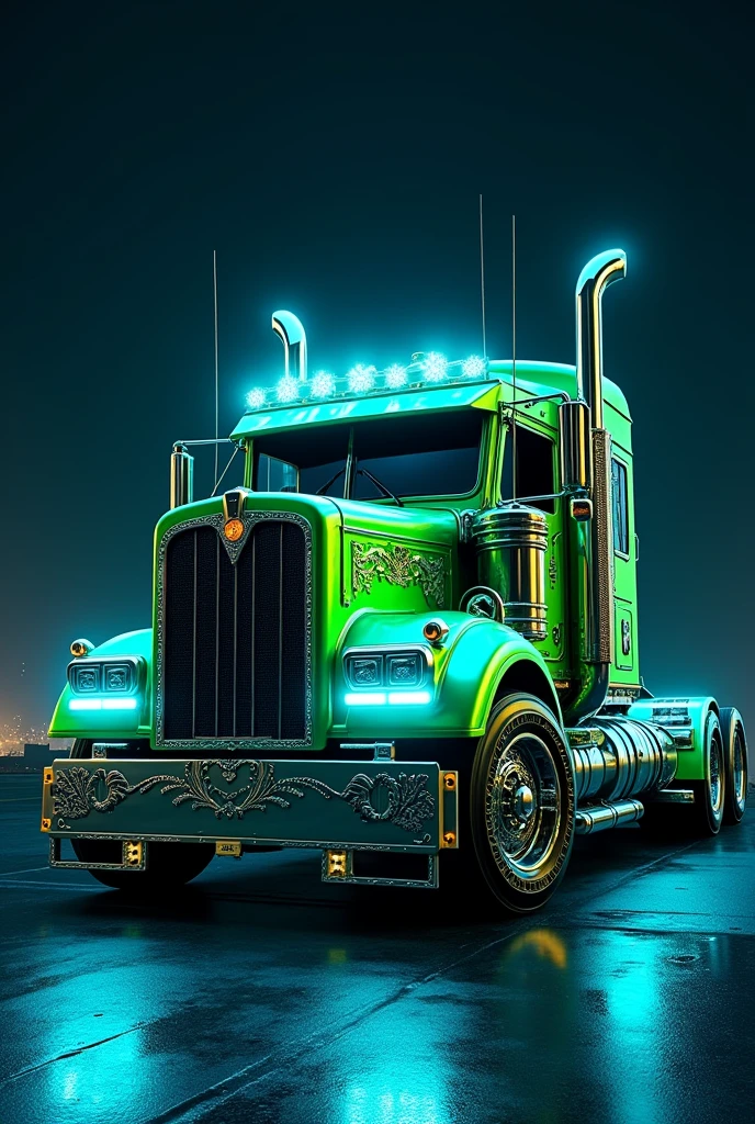 Modified Indian truck with green colour with neon blue light in night